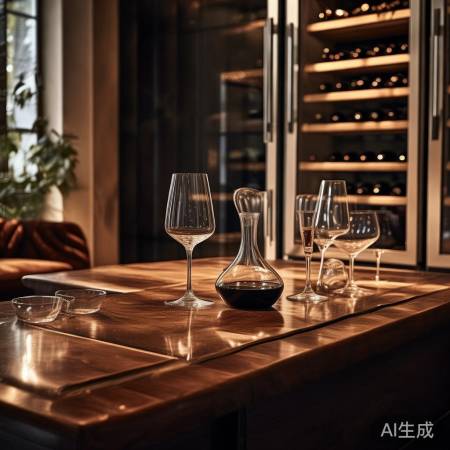 红酒柜旁摆酒具，氛围佳